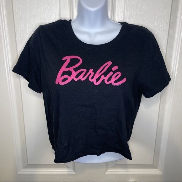 Mattel Barbie Cropped Crew Neck T-shirt Black With Barbie in Pink Writing Small - Picture 2 of 9